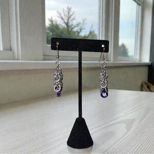 Aluminum Chainmail Silver with Purple tip Dangle Earrings